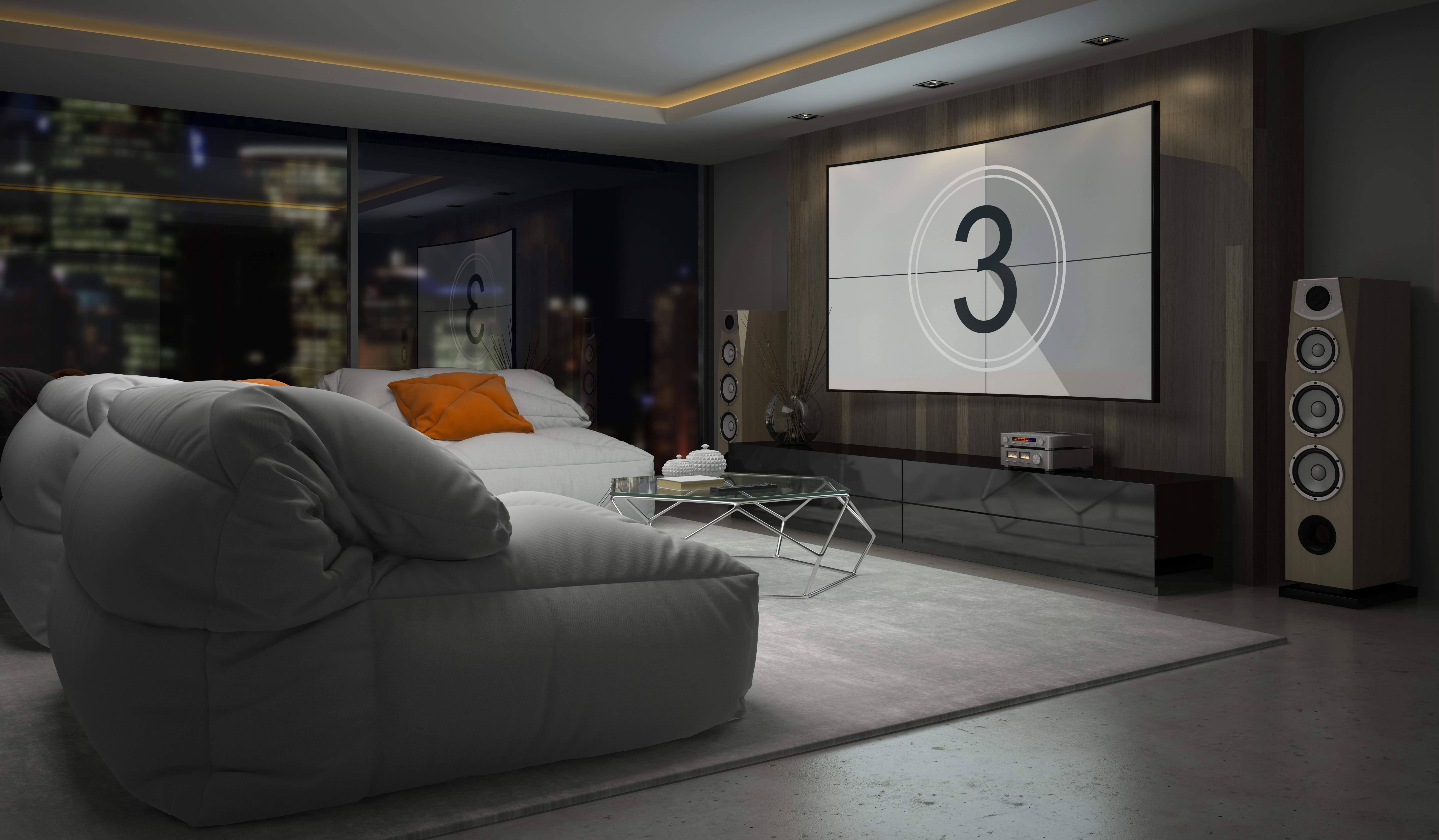 Rendering of a possible home theater layout with a screen showing the number 3