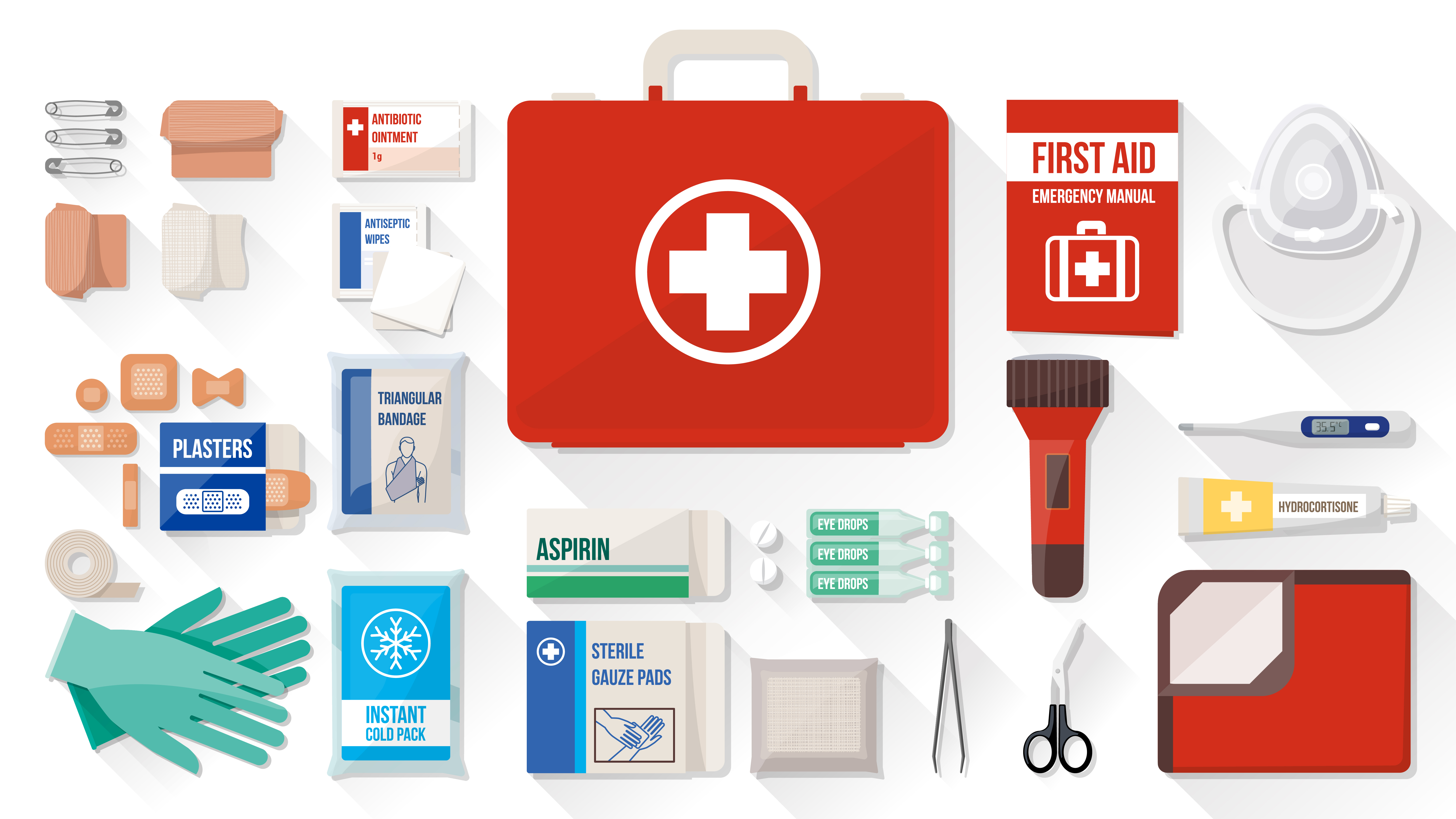 Illustration of items that might appear in a first aid kit