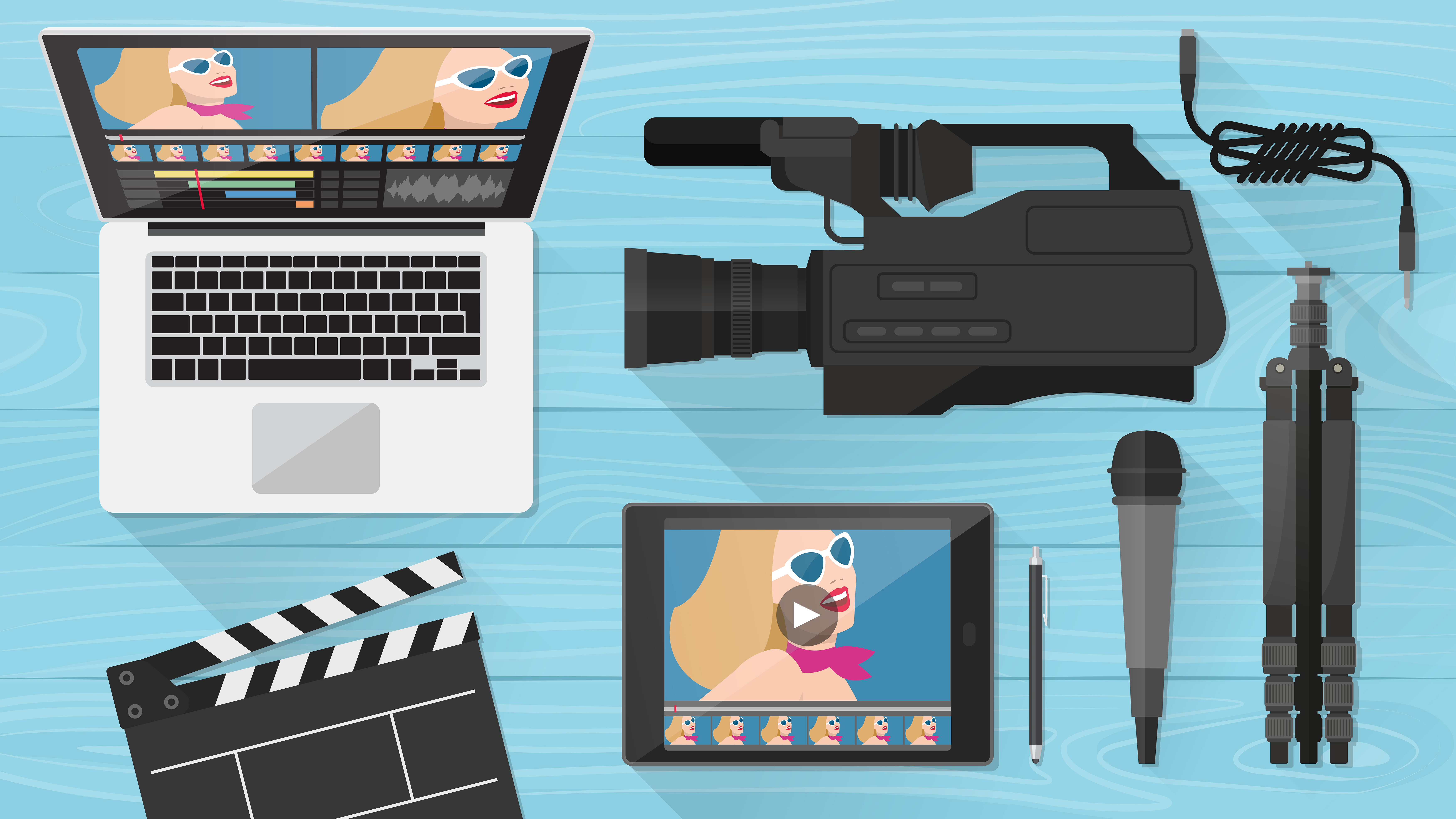 Illustration of tools used to record and edit videos on a blue background