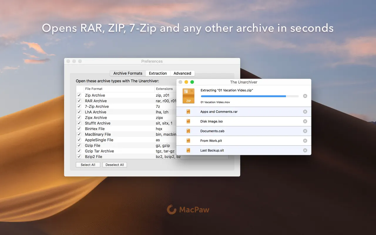 Screen capture of The Unarchiver on a macOS desktop background