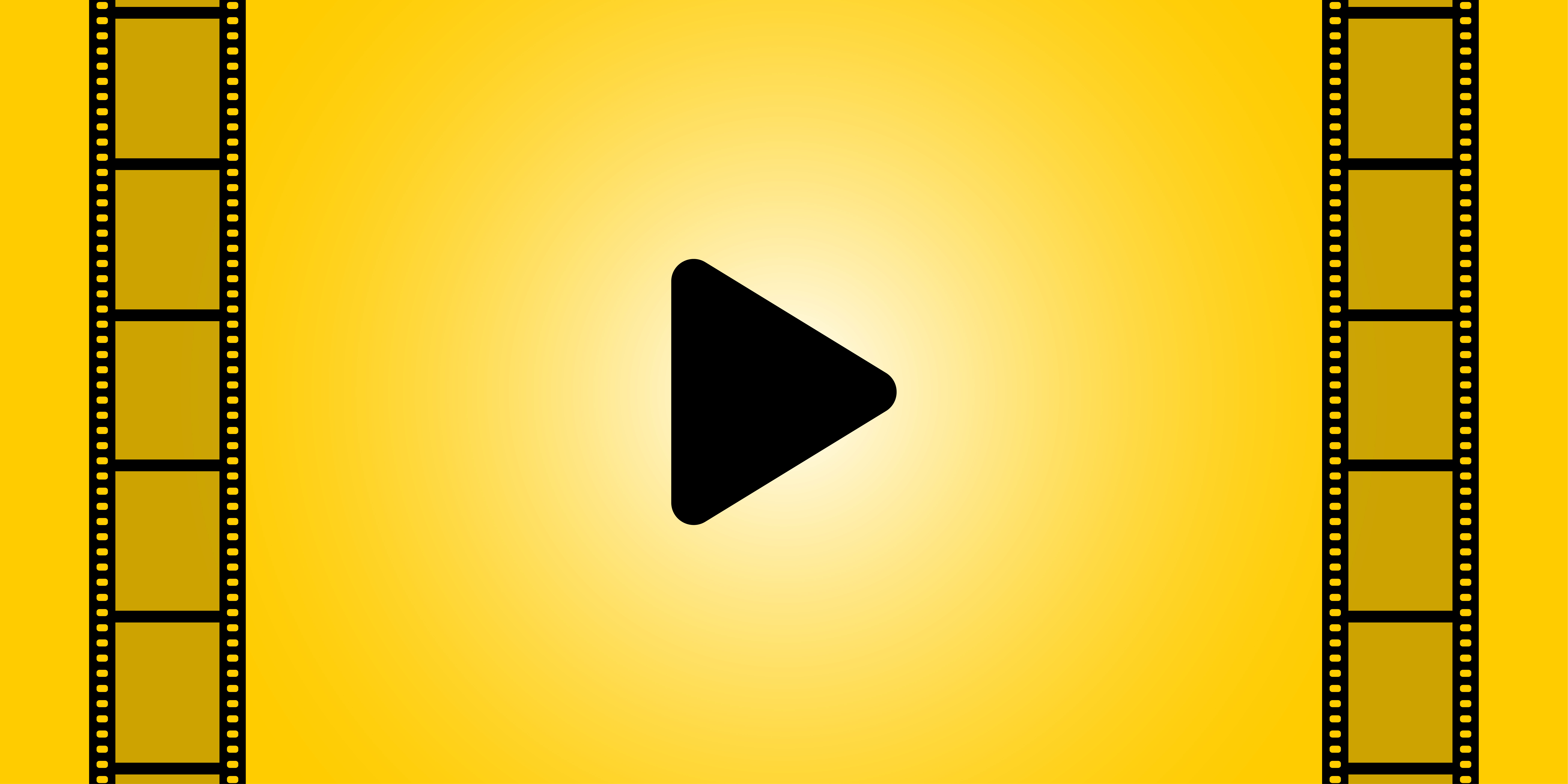 Play button on a gradient yellow background with film strip designs on the left and right side of the frame