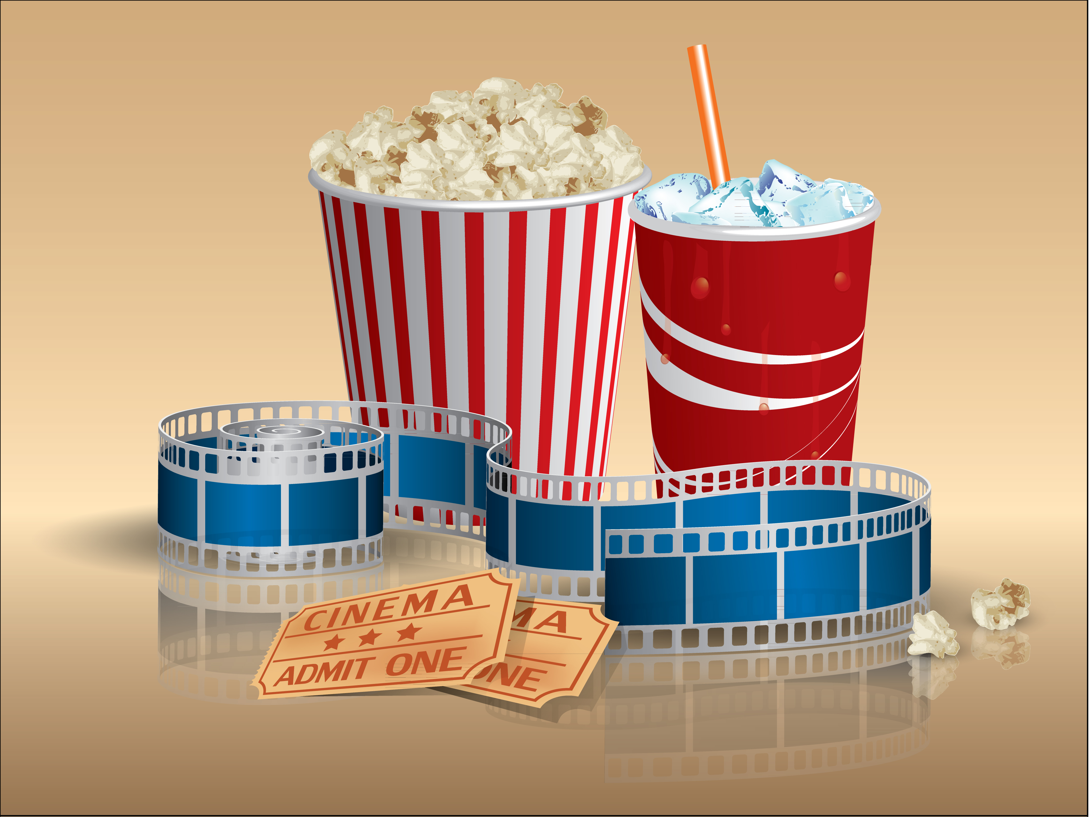 Illustration of popcorn, a drink, two cinema tickets, and a film strip
